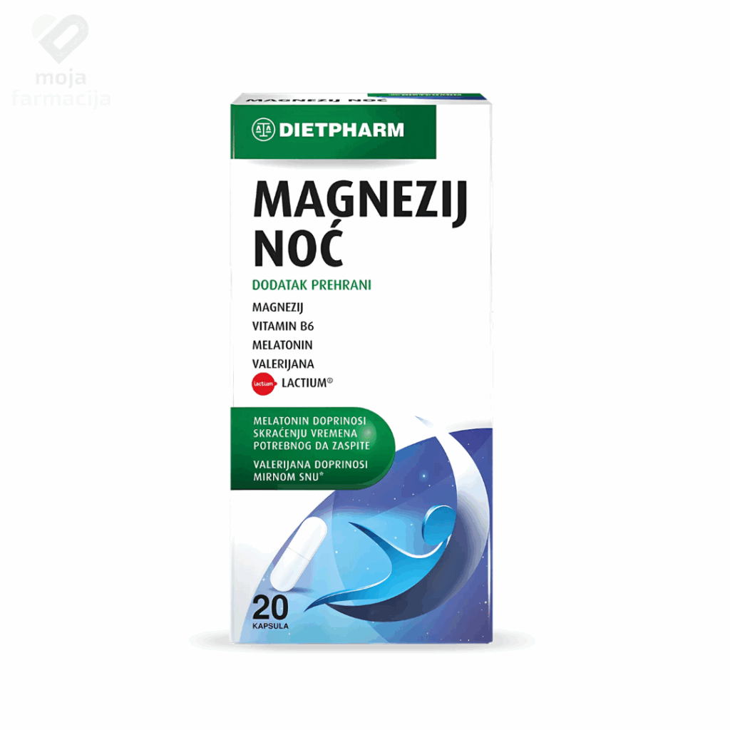 Dietpharm Magnezij Noć kapsule – kombinacija magnezija i melatonina za brže uspavljivanje i opuštanje mišića.