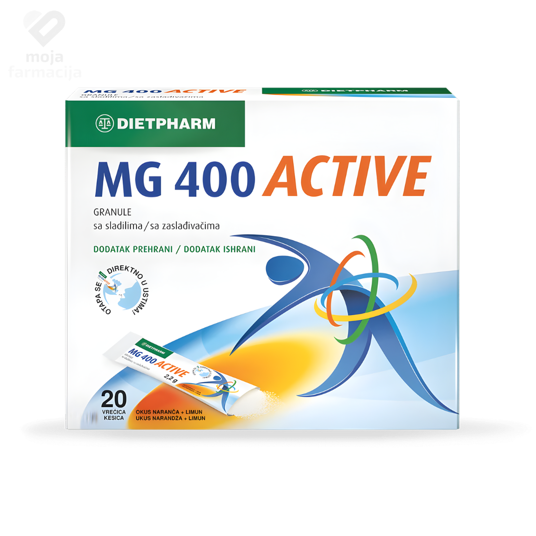 Dietpharm Magnezij 400 ACTIVE granule u vrećicama – brza primjena bez vode za mišiće i energiju.