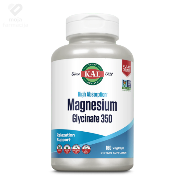 KAL High Absorption Magnesium Glycinate 350 pakovanje od 160 veganskih kapsula - dodatak prehrani za mišiće i san.