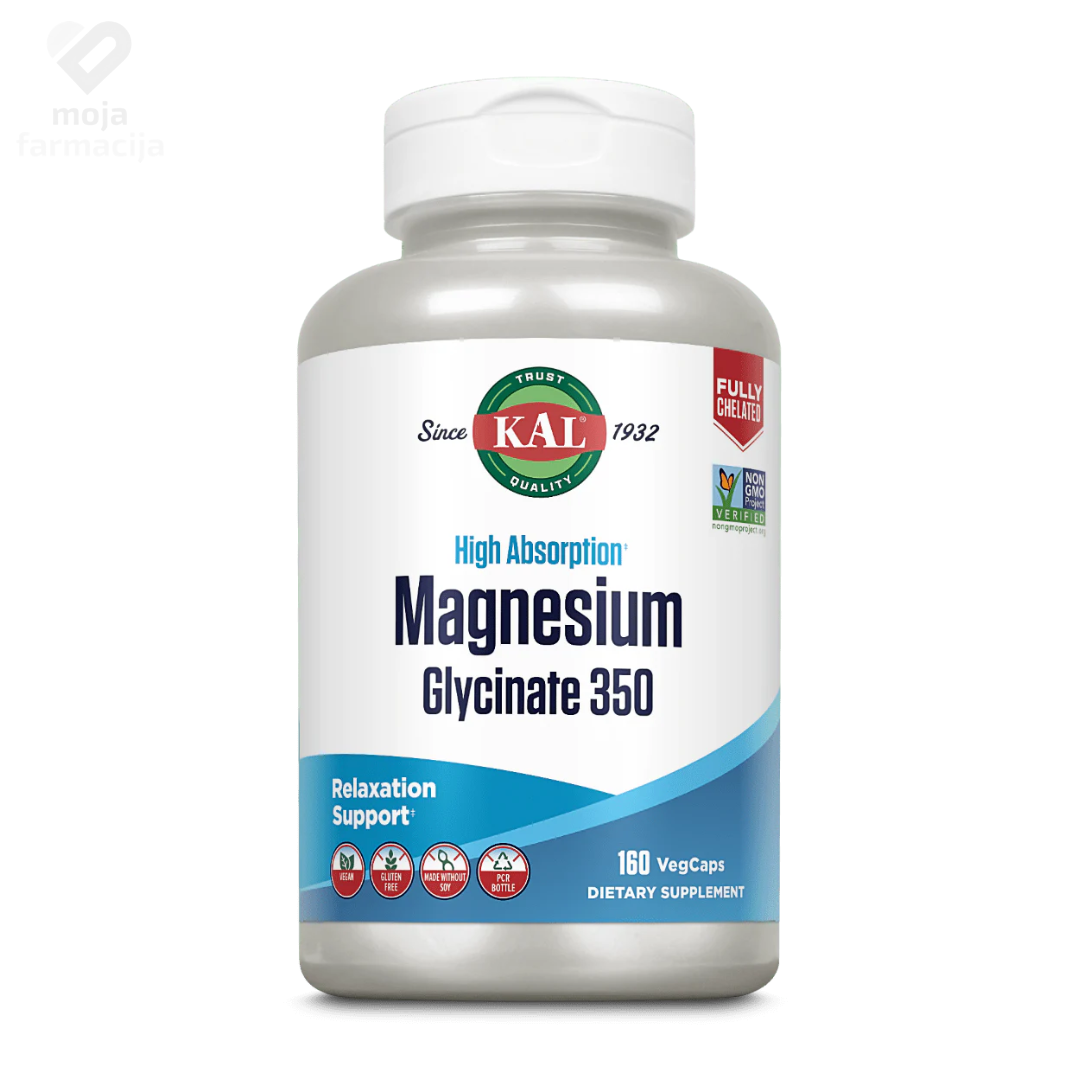 KAL High Absorption Magnesium Glycinate 350 pakovanje od 160 veganskih kapsula - dodatak prehrani za mišiće i san.