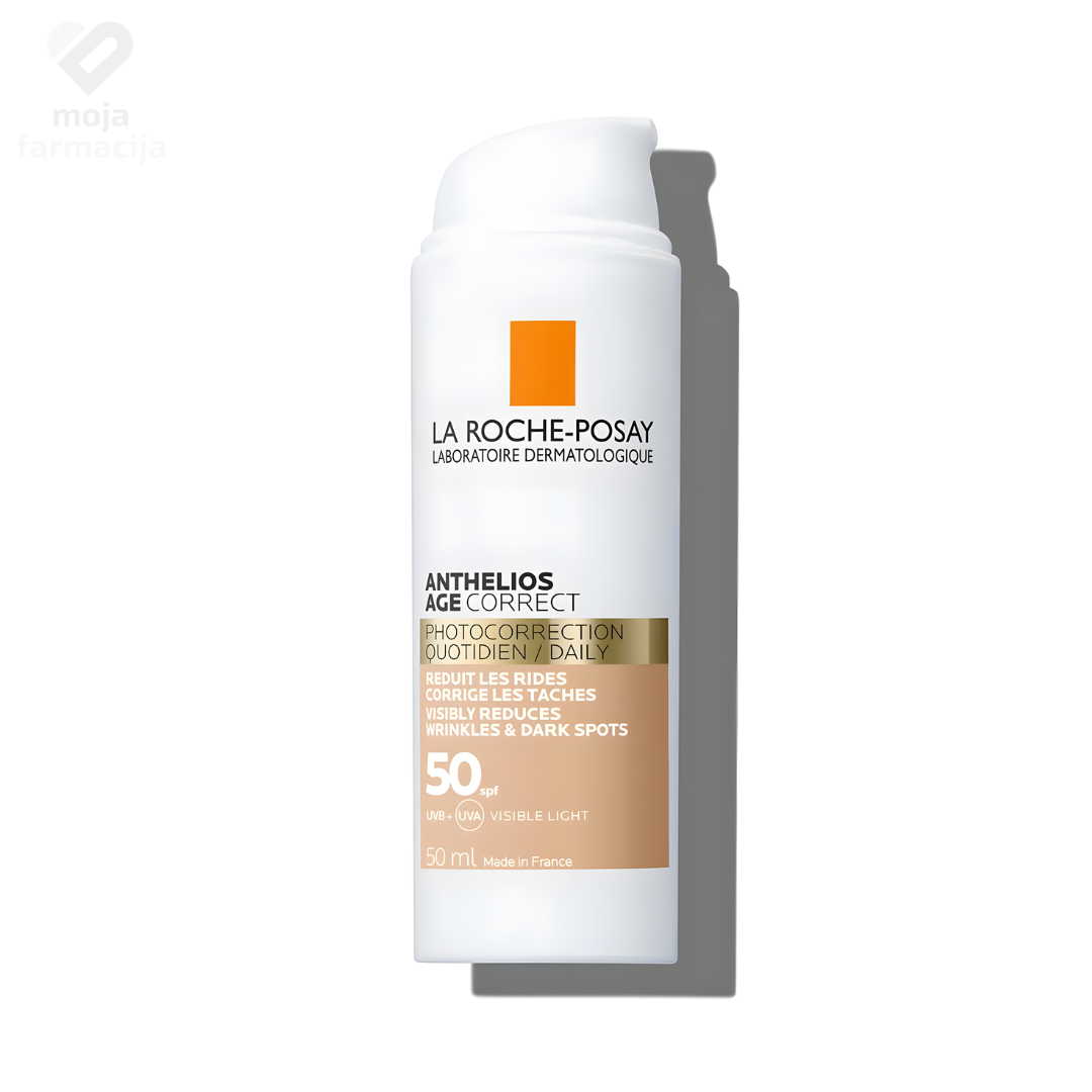 La Roche-Posay Anthelios Age Correct tonirana SPF 50 krema protiv bora sa hijaluronskom kiselinom, ujednačavanje tena i zaštita od sunca.