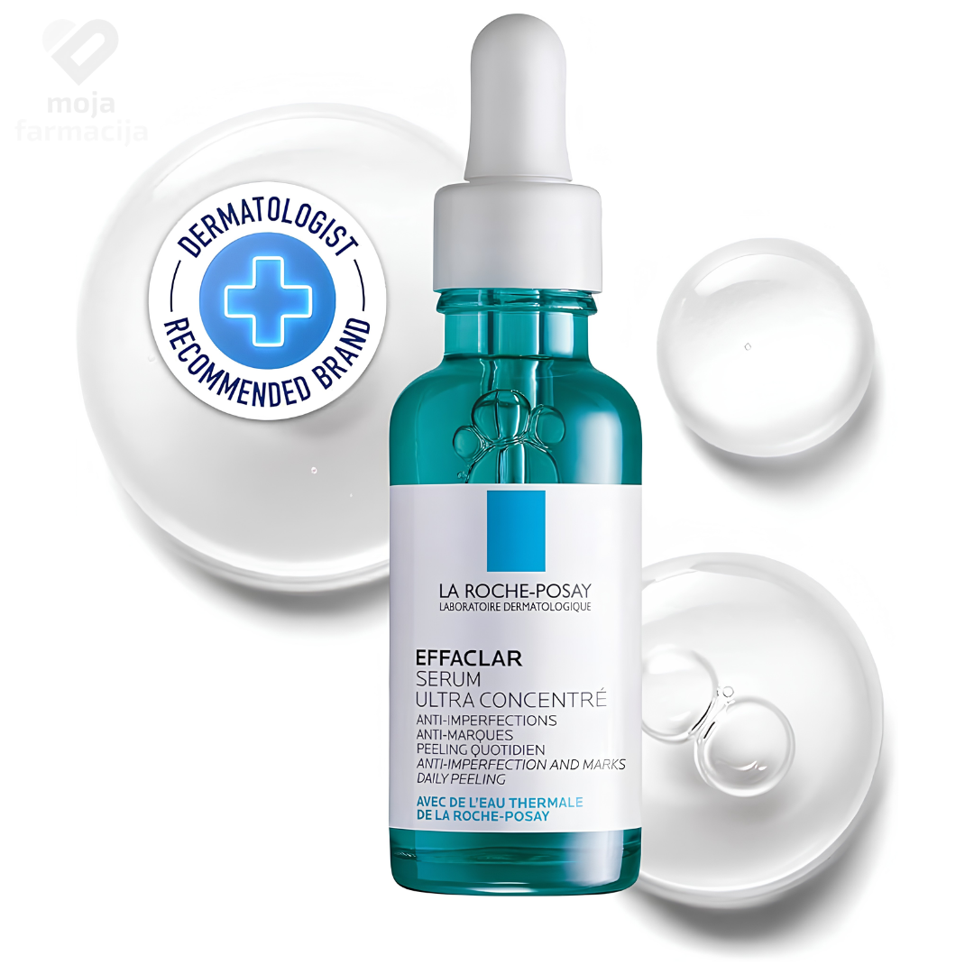 La Roche-Posay Effaclar ultra koncentrirani noćni serum protiv nepravilnosti u tamnoplavoj staklenoj bočici s pipetom od 30ml.