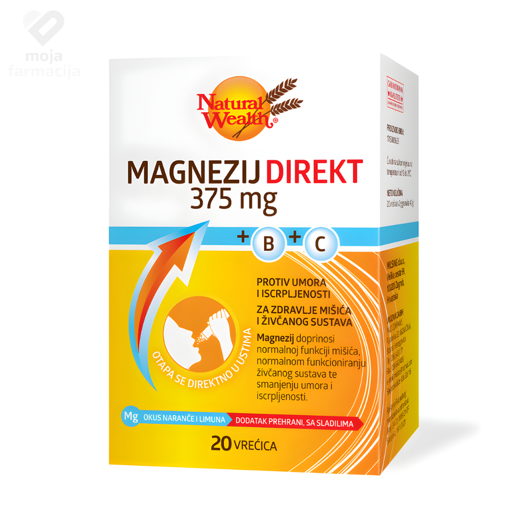 NATURAL WEALTH Magnezij Direkt 375 mg + B + C – granule koje se otapaju u ustima za mišiće i energiju.
