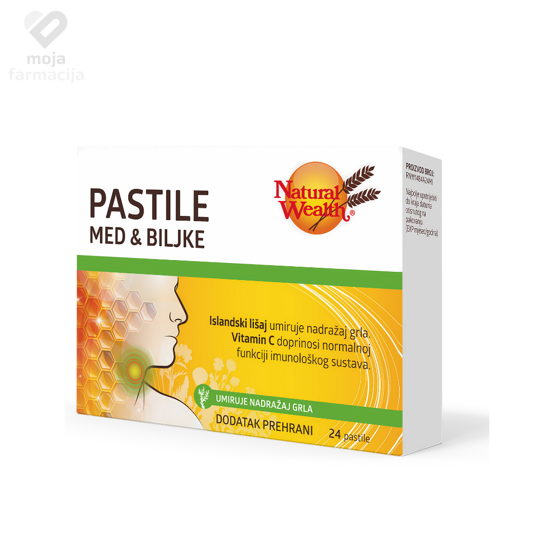 Slika proizvoda NATURAL WEALTH Pastile za grlo med i 20 biljaka iz online apoteke Moja Farmacija - BIH