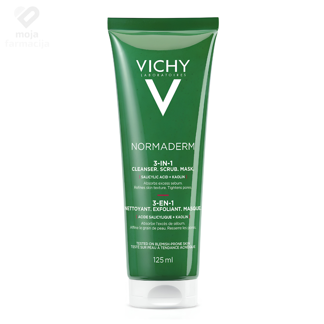 VICHY Normaderm 3u1 višenamjenski proizvod koji služi kao krema za čišćenje, piling i maska za lice u tubi.