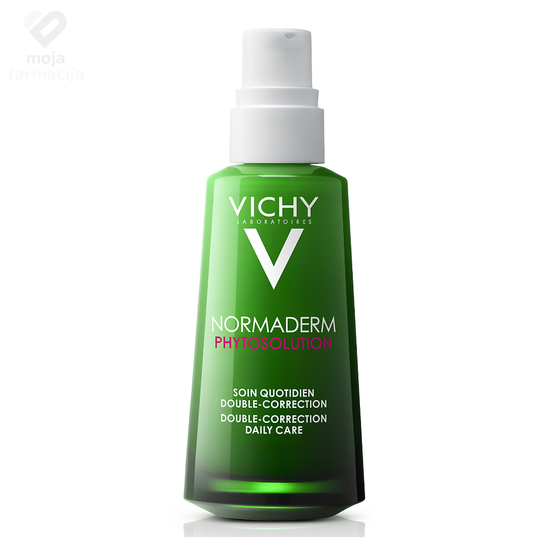 VICHY Normaderm Phytosolution dnevna krema s dvostrukim učinkom protiv nepravilnosti i akni u zelenoj bočici sa pumpicom.