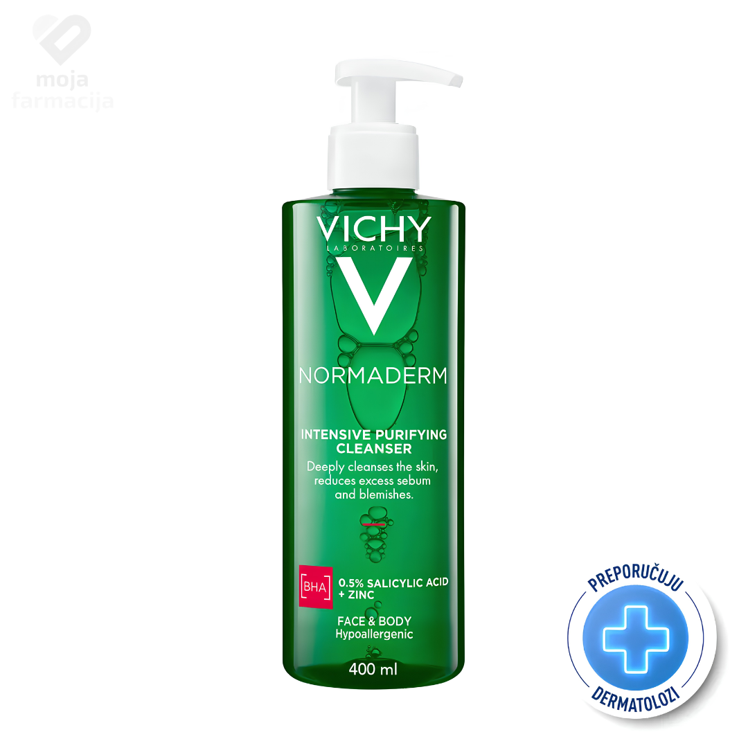 VICHY Normaderm Phytosolution gel za dubinsko čišćenje masne i osjetljive kože sklone aknama u zelenoj bočici sa pumpicom.