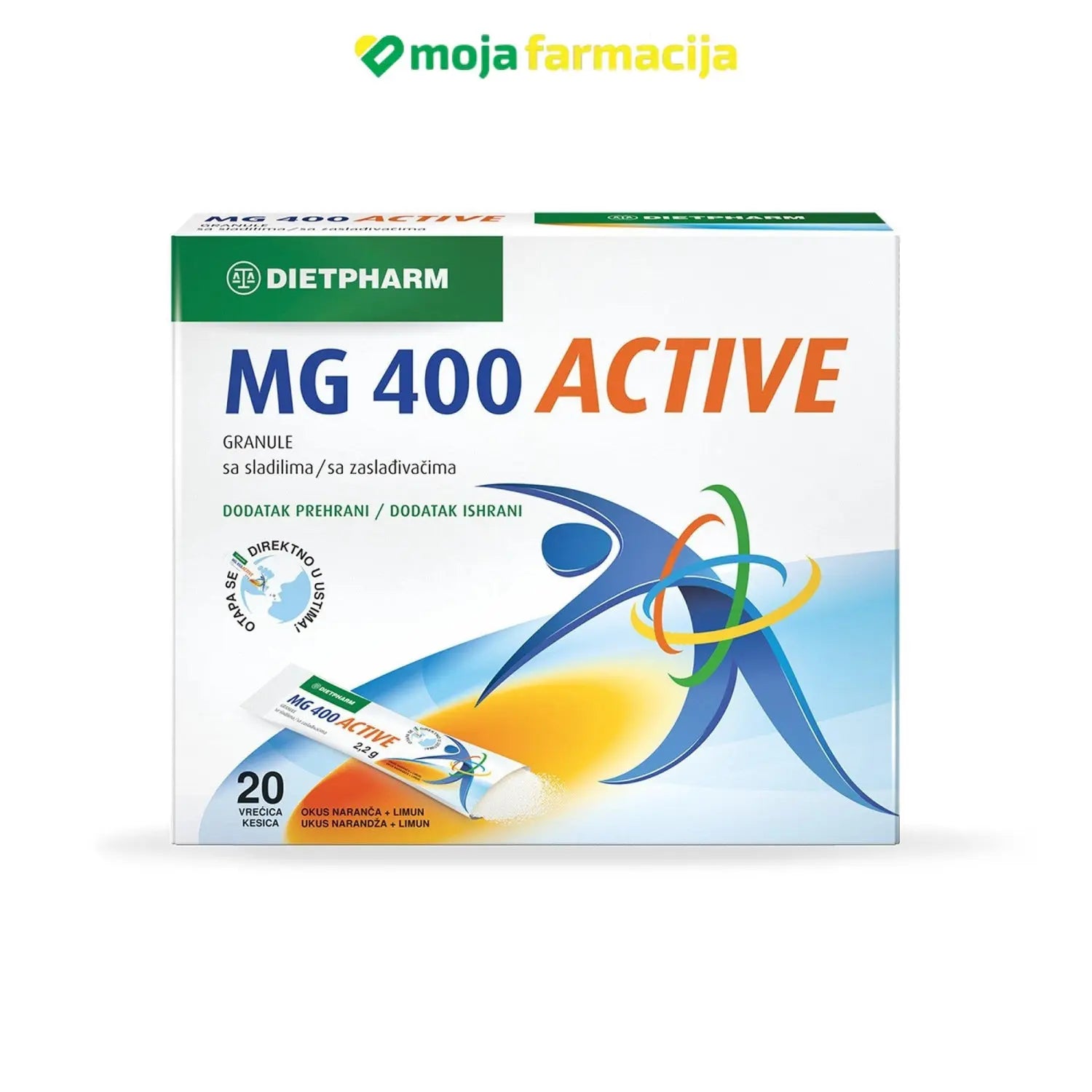 Slika proizvoda DIETPHARM Magnezij 400 active direkt granule iz online apoteke Moja Farmacija - BIH