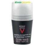 Vichy Homme 72H muški antiperspirant roll-on za ekstremnu regulaciju znojenja i vlažnosti, formula bez alkohola za osjetljivu kožu.
