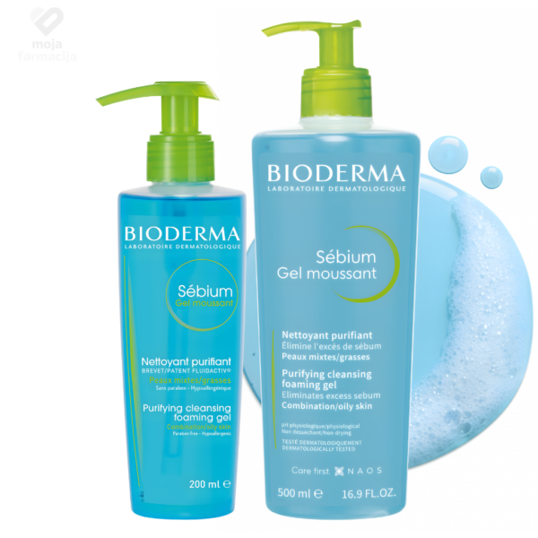 Bioderma Sebium pročišćavajući pjenušavi gel za umivanje masne kože i kože sklone aknama u plavoj bočici sa pumpicom.