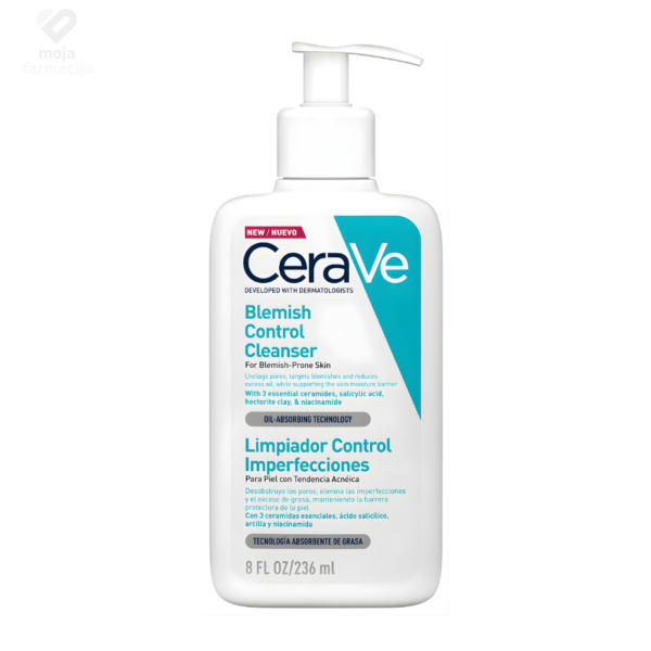 CeraVe gel za čišćenje kože sklone nepravilnostima i aknama sa salicilnom kiselinom u prepoznatljivoj bijeloj bočici sa plavom pumpicom.
