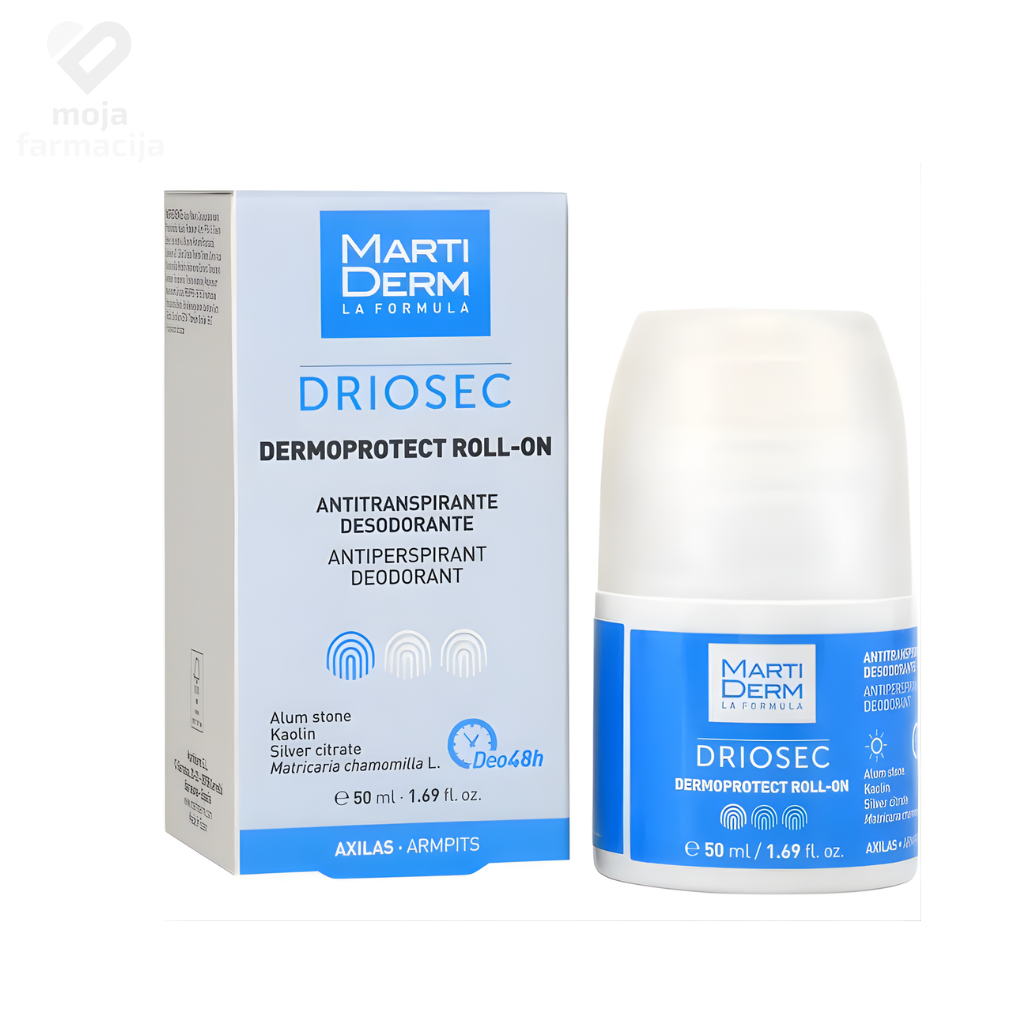 Martiderm Driosec Dermoprotect roll-on antiperspirant sa kamenom stipse i kaolinom, 48-satna zaštita bez mrlja na odjeći.
