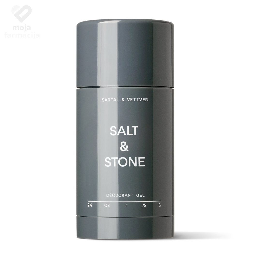Salt & Stone Santal & Vetiver prirodni dezodorans u stiku, luksuzna ambalaža, formula s prebioticima i morskim algama za 48h zaštite.