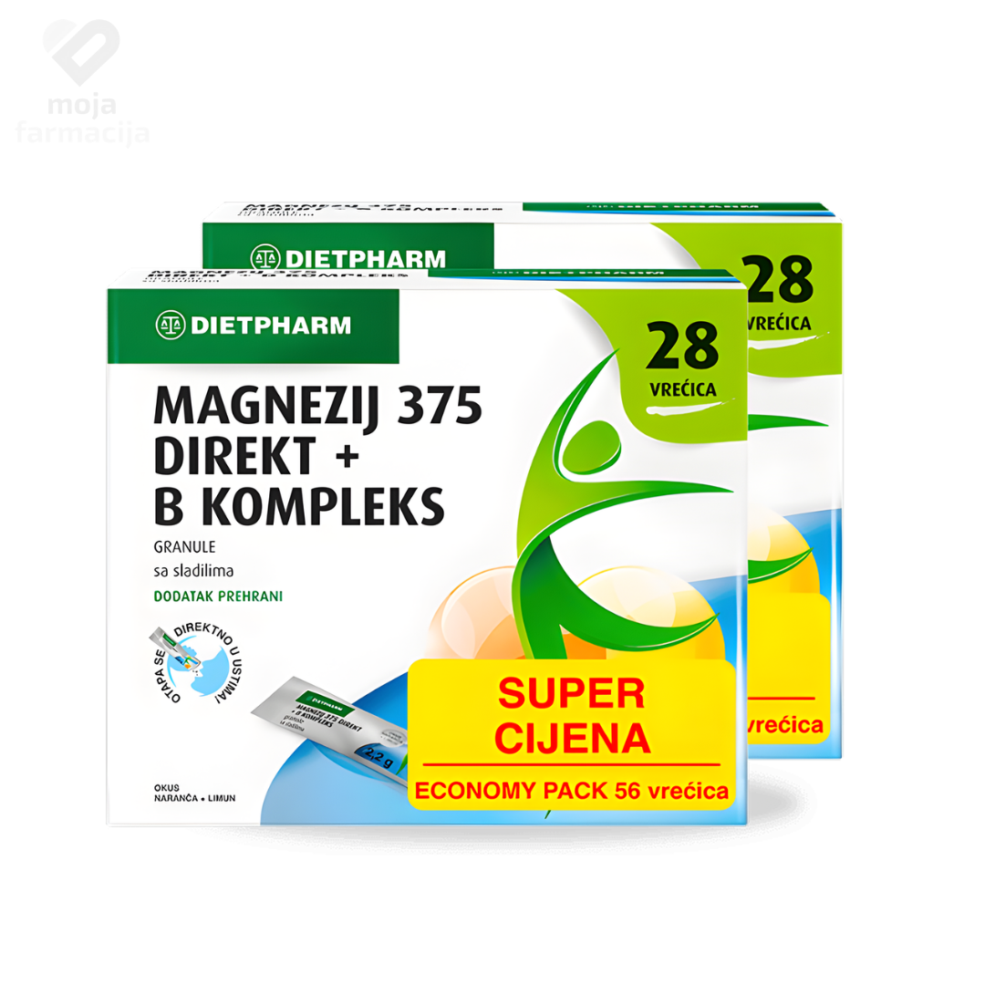 Dietpharm Magnezij 375 Direkt + B kompleks 1+1 gratis pakovanje – praktične vrećice za mišiće i energiju bez vode