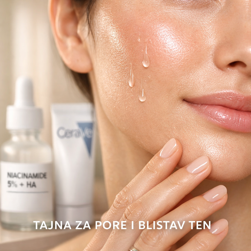 Zena sa sjajnom kozom lica i kapljicama niacinamid seruma, sa tekstom 'TAJNA ZA PORE I BLISTAV TEN.' u pozadini se naziru VICHY i CERAVE proizvodi.