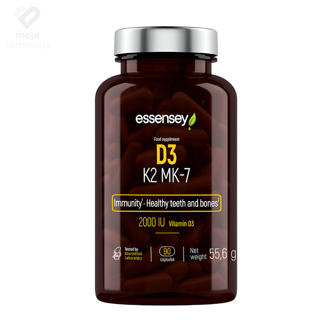 Essensey Vitamin D3 i K2 MK-7 dodatak prehrani u kapsulama za čvrste kosti i normalno zgrušavanje krvi.