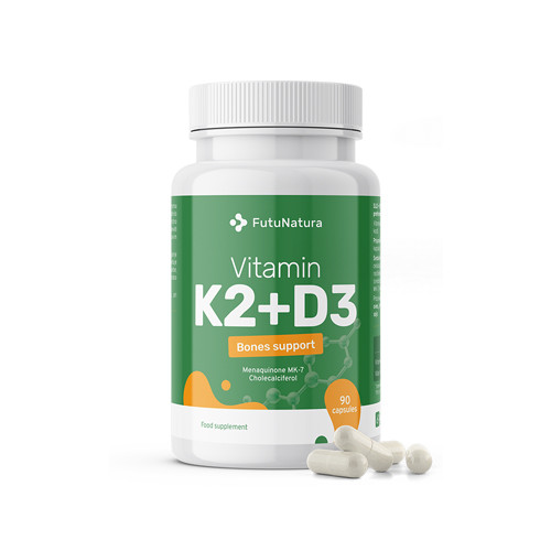 FutuNatura Vitamin K2 i D3 dodatak prehrani u kapsulama za zdrave kosti i prevenciju bolova u zglobovima.