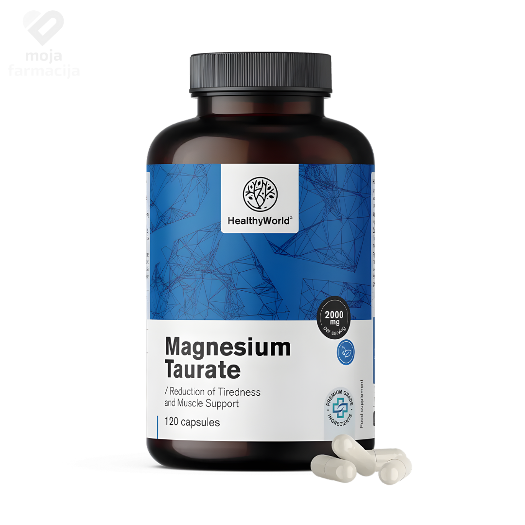 HealthyWorld Magnezijev taurat 2000 mg – 120 biljnih kapsula za srce, mišiće i smanjenje umora.
