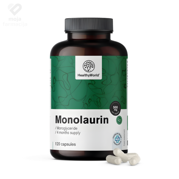 HealthyWorld Monolaurin 500 mg u biljnim kapsulama za eliminaciju kandide i virusnih infekcija.