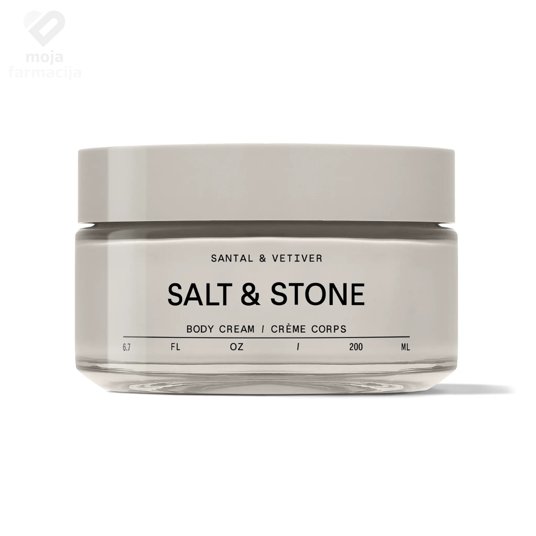 Salt and Stone Santal and Vetiver bogata krema za tijelo u sivoj ambalaži sa morskim algama i skvalanom