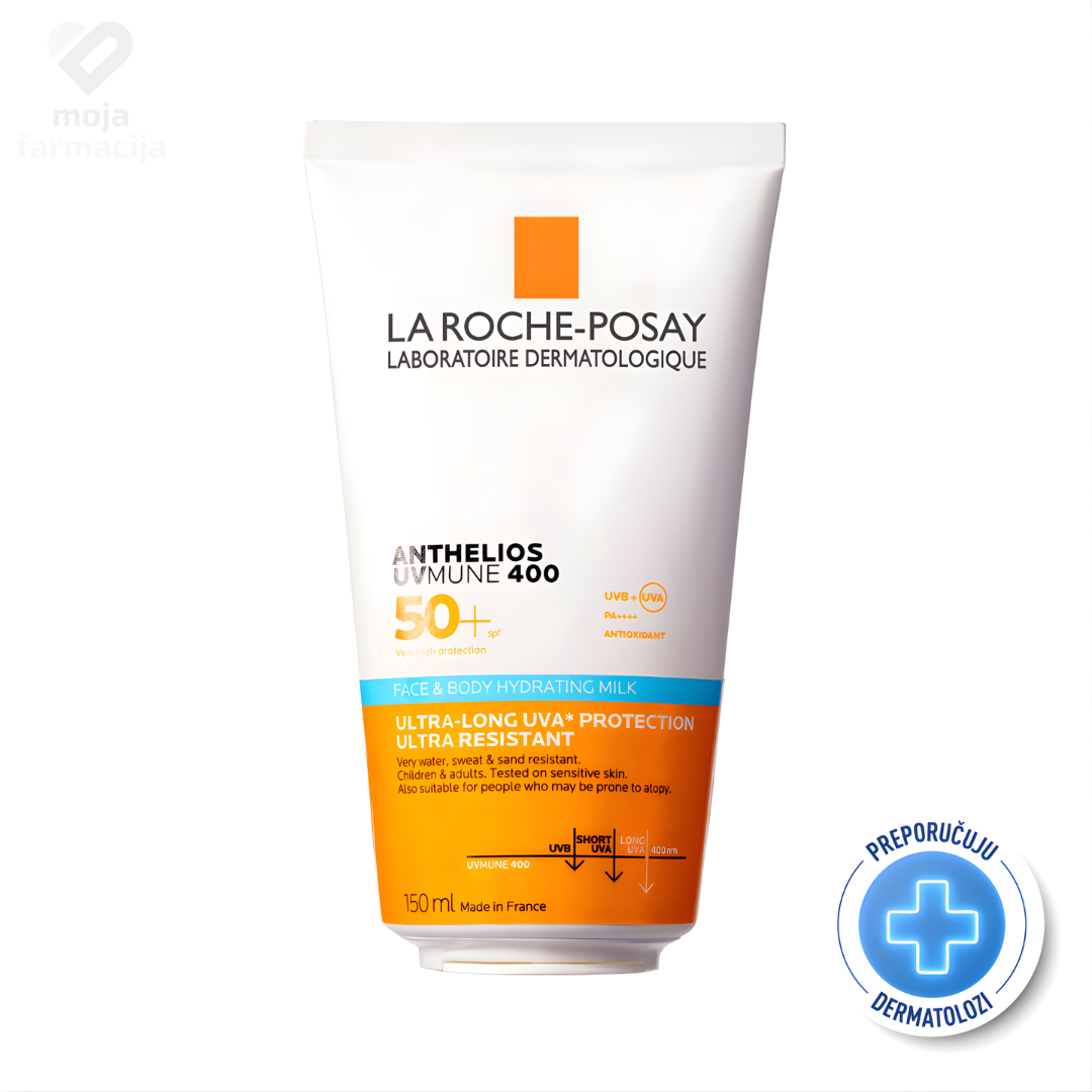 La Roche-Posay Anthelios UVMune 400 hidratantno mlijeko SPF 50+ za lice i tijelo, porodično pakovanje, formula sa glicerinom i Mexoryl 400 filterom.