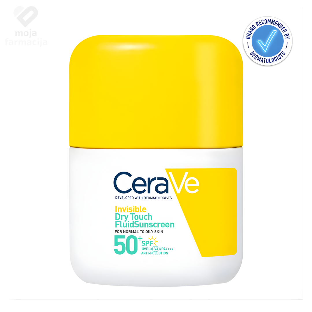 CeraVe nevidljivi Dry Touch fluid SPF 50+ za normalnu do masnu kožu, lagana tekstura sa niacinamidom i ceramidima za mat efekat.