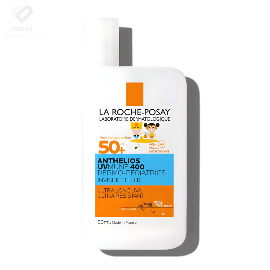 La Roche-Posay Anthelios Dermo-Pediatrics UVMune 400 SPF 50+ nevidljivi fluid za djecu, zaštita od ultradugih UVA zraka, formula sa shea maslacem protiv peckanja očiju.