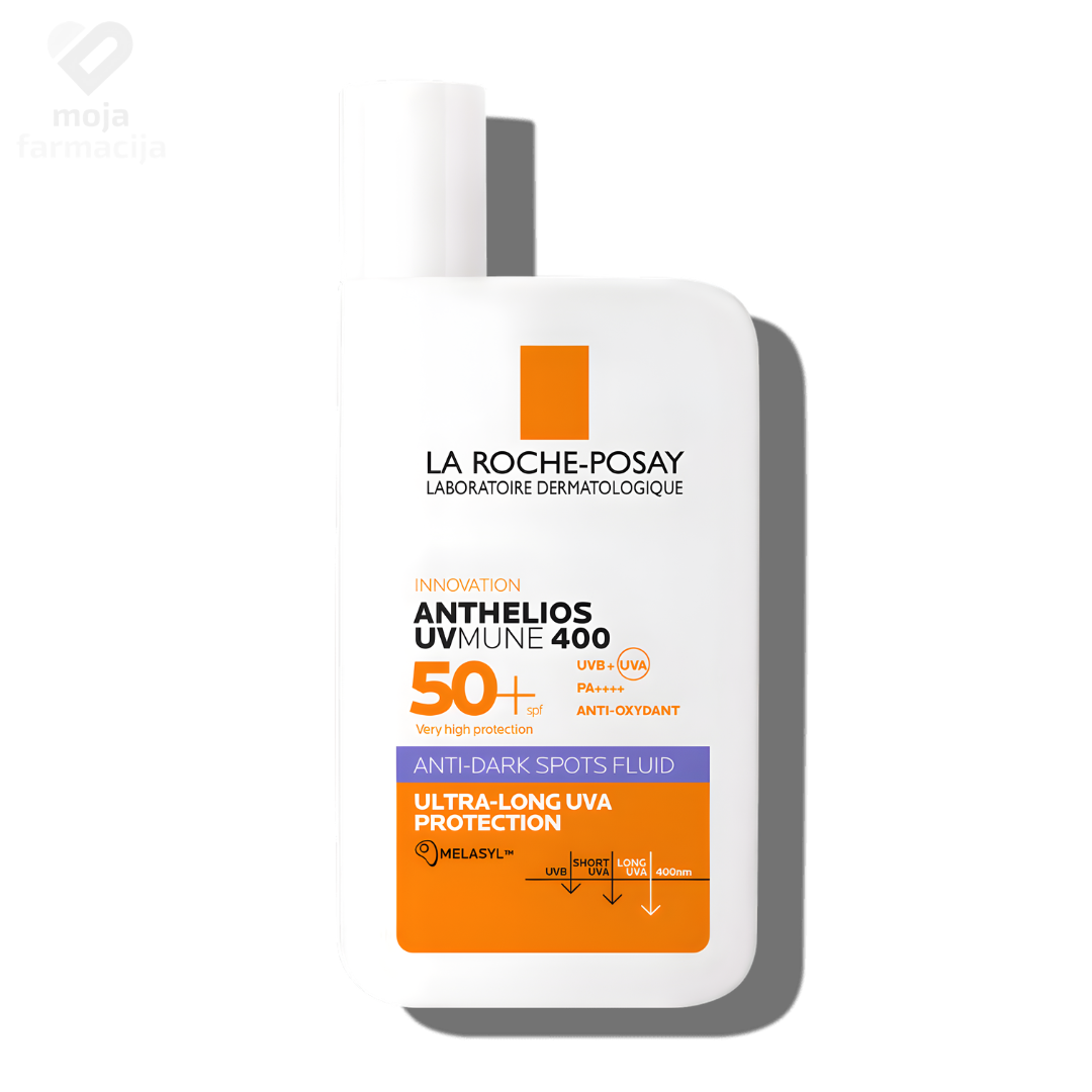 La Roche-Posay Anthelios UVMune 400 fluid protiv tamnih mrlja SPF 50+, formula sa Melasyl-om za korekciju tena, lagana tekstura bez bijelog traga.