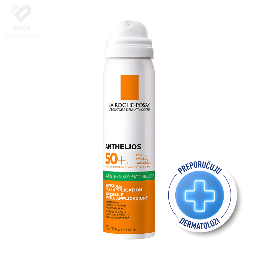 La Roche-Posay Anthelios nevidljiva maglica za lice SPF 50 u spreju, matirajući efekt za masnu kožu, nanošenje preko šminke bez tragova.