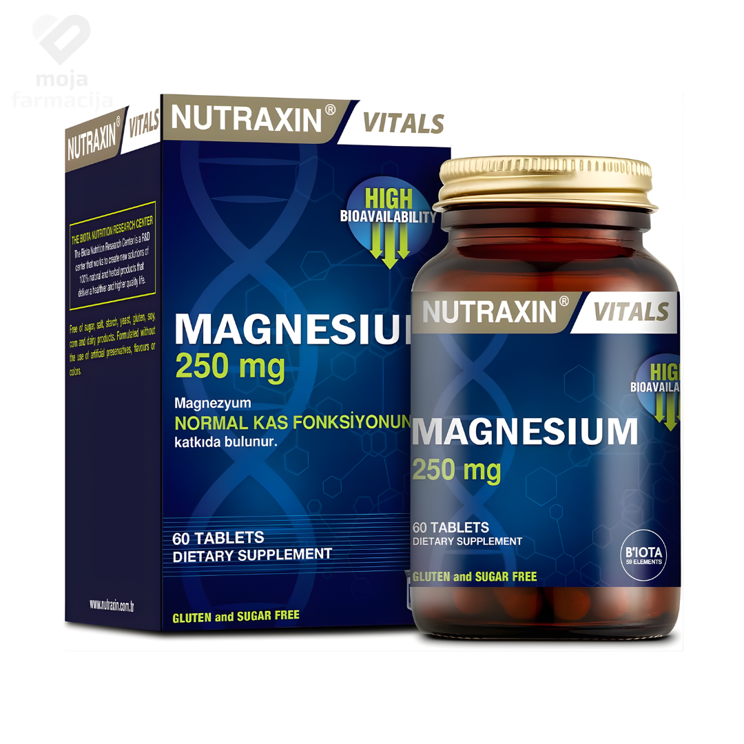 NUTRAXIN Magnesium Citrate 250 mg (60 tableta) – visokokvalitetni magnezij citrat za mišiće i energiju bez glutena.