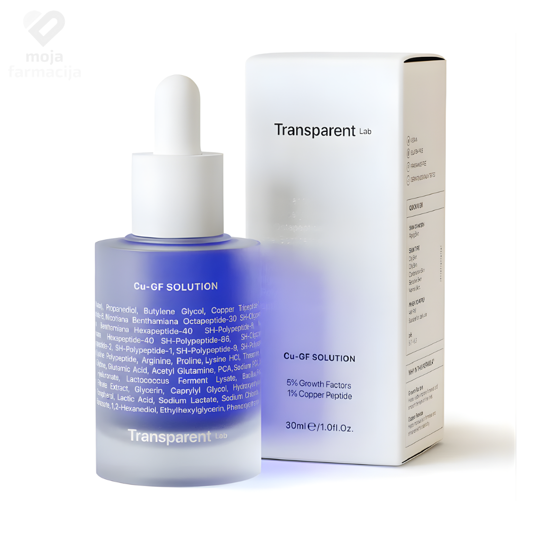 Transparent Lab Cu-Gf Solution serum sa 1% bakrenih peptida i 5% faktora rasta za učvršćivanje kože i smanjenje bora, 30ml. Transparent Lab Cu-Gf Solution serum sa 1% bakrenih peptida i 5% faktora rasta za učvršćivanje kože i smanjenje bora, 30ml.