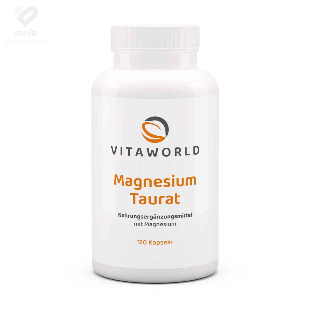 VITAWORLD Magnesium Taurate 300 mg (120 kapsula) – visokokvalitetni helatni magnezij za srce i mišiće bez laksativnog učinka.