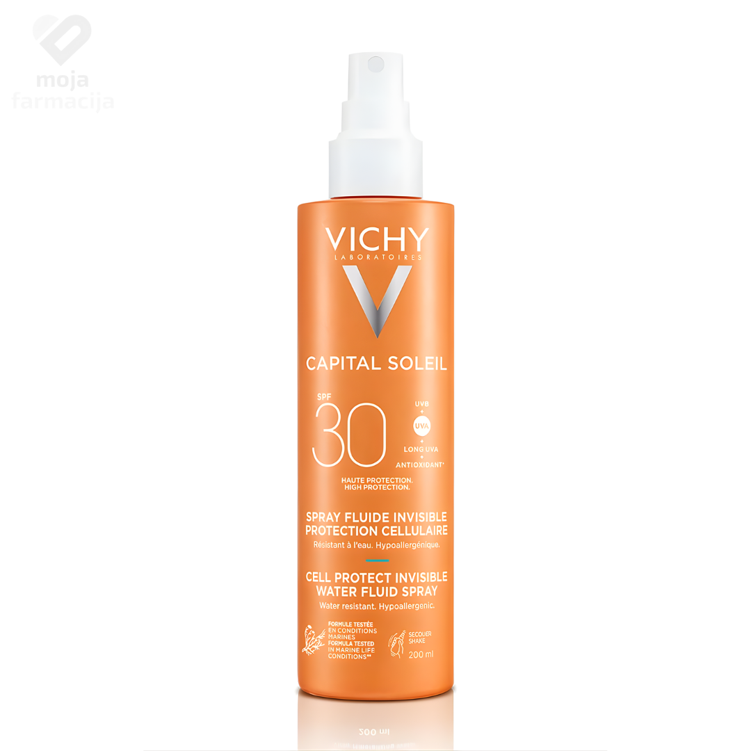 Vichy Capital Soleil Cell Protect zaštitno suho ulje SPF 30 za lice, tijelo i vrhove kose, formula sa skvalanom za sjaj i ishranu kože.