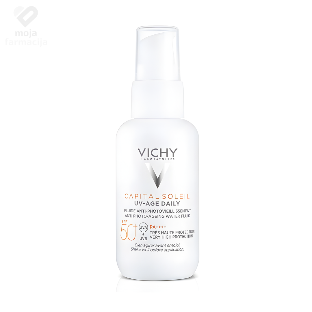 Vichy Capital Soleil UV-AGE Daily SPF 50+ fluid za lice, zaštita kolagena i korekcija bora sa peptidima i niacinamidom.