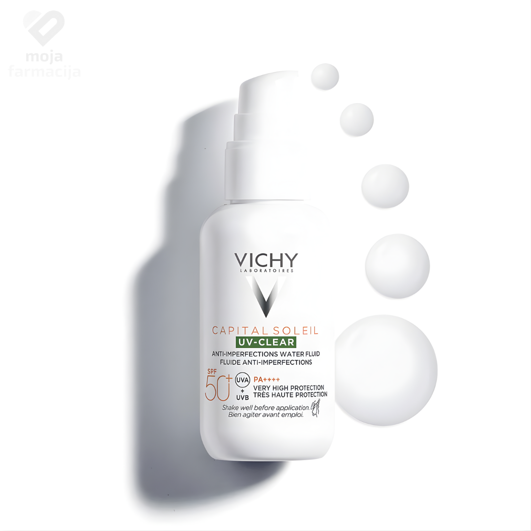 Vichy Capital Soleil UV-CLEAR SPF 50+ fluid protiv akni i masnog sjaja, formula sa salicilnom kiselinom i niacinamidom.
