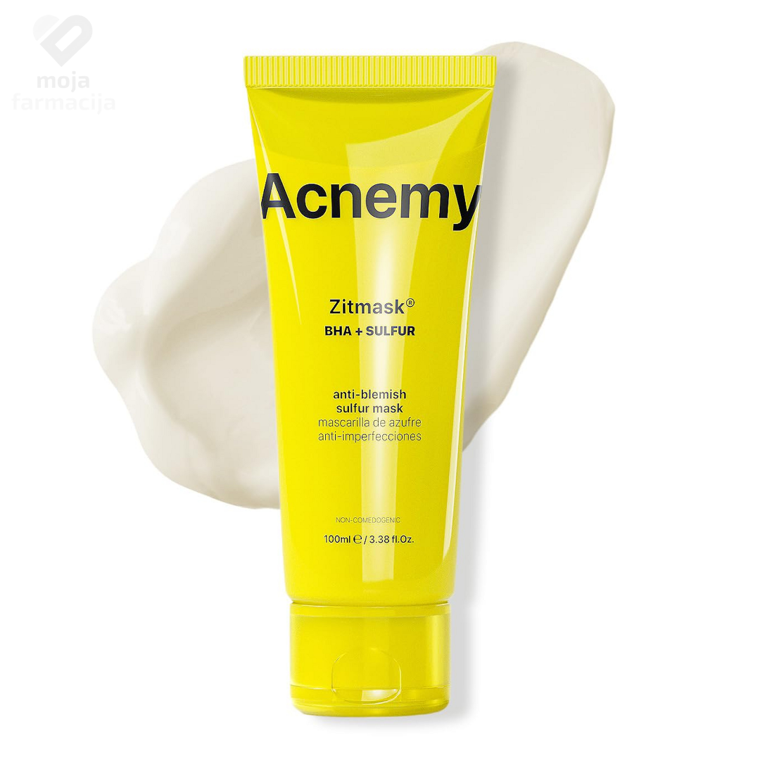 Acnemy Zitmask pročišćavajuća maska protiv akni i mitisera u tubi od 100ml, prikazana pored uzorka guste i glatke teksture maske.