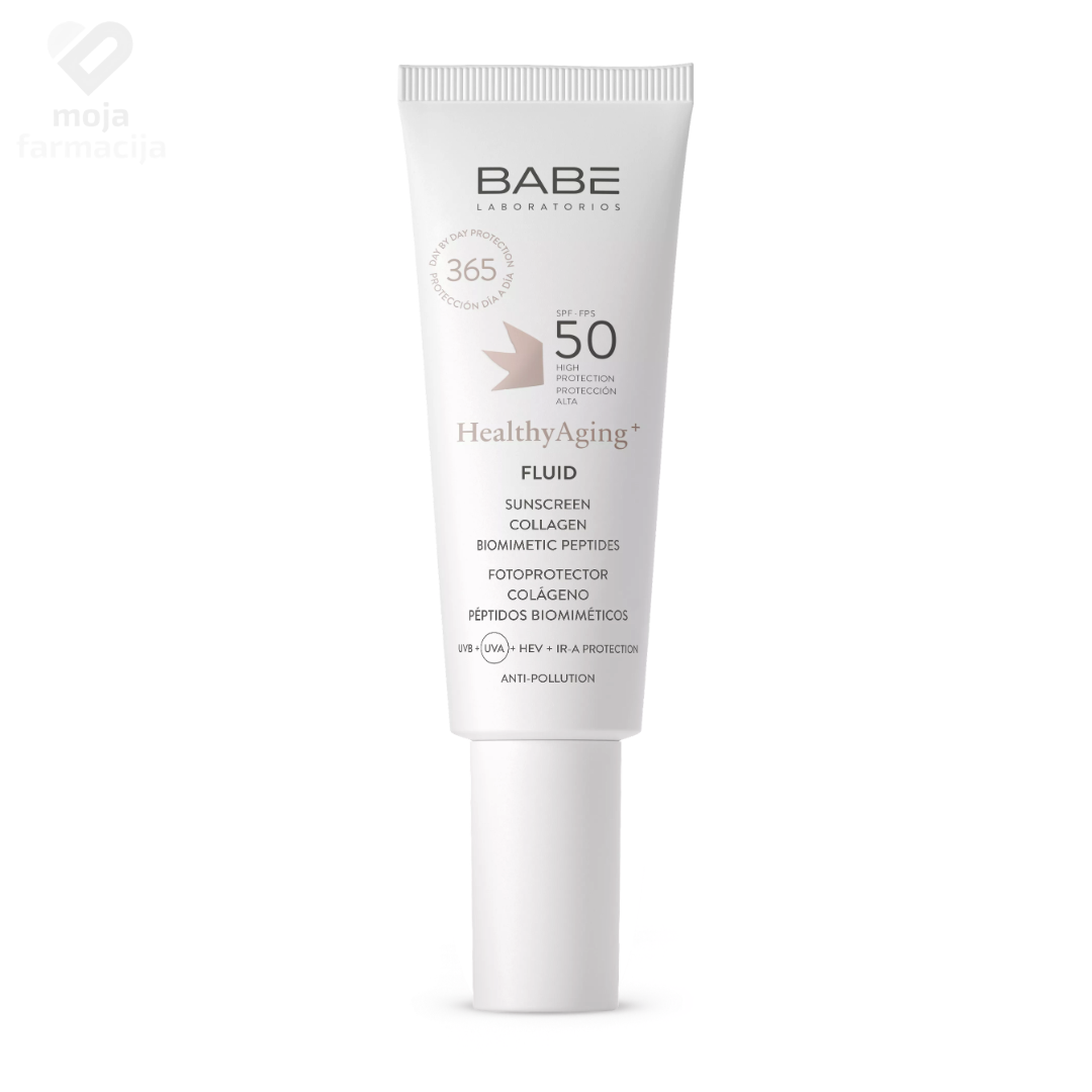 BABE Laboratorios HealthyAging+ Fluid SPF 50 u pakiranju od 40ml, anti-age zaštita s kolagenom i peptidima za čvrstoću i protiv bora.