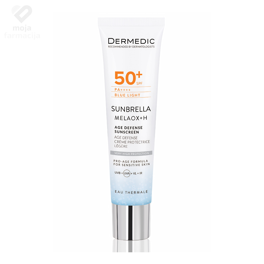Dermedic Sunbrella Age Defense SPF 50+ anti-age fluid za lice s MELAOX+H patentom i Lacto-PDRN tehnologijom za čvrstoću kože i zaštitu od bora.