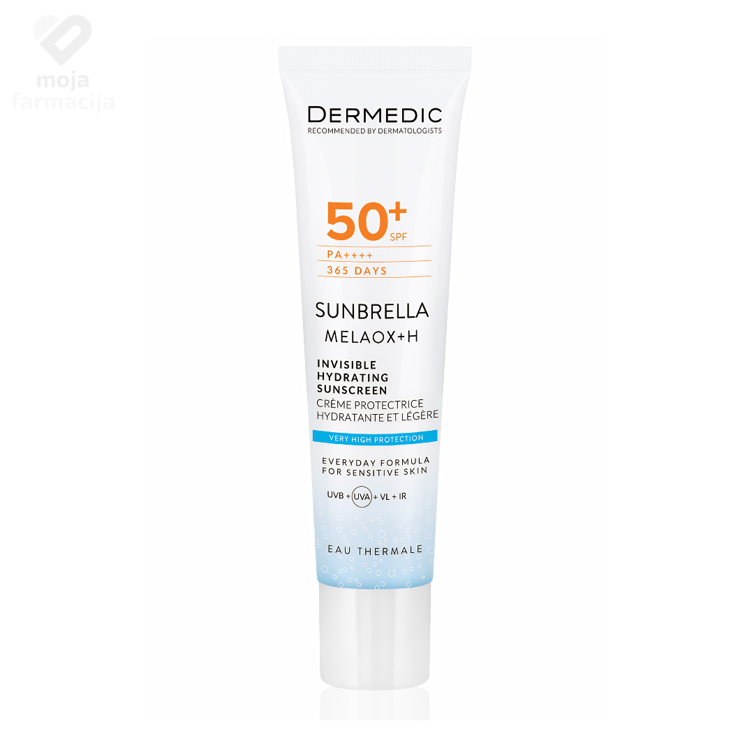 Dermedic Sunbrella MELAOX+H SPF 50+ nevidljivi fluid u tubi od 40ml, specijalizovana njega protiv hiperpigmentacija i plave svjetlosti ekrana sa hijaluronskom kiselinom.