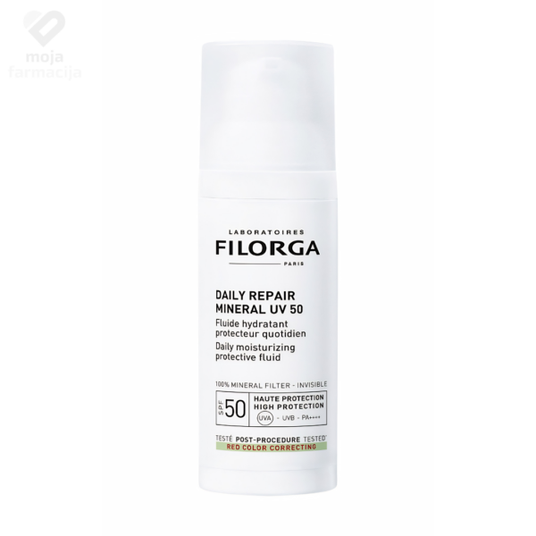 Filorga UV Daily Repair Mineral SPF 50 zaštitni fluid u bočici od 50ml s pumpicom, mineralna dnevna zaštita sa zelenim tonom protiv crvenila kože lica.