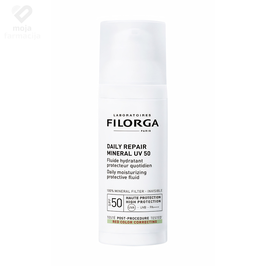 Filorga UV Daily Repair Mineral SPF 50 zaštitni fluid u bočici od 50ml s pumpicom, mineralna dnevna zaštita sa zelenim tonom protiv crvenila kože lica.