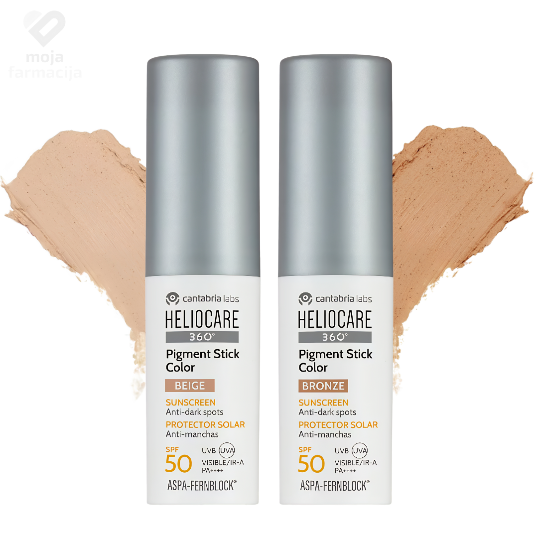 Heliocare 360° Pigment Stick Color SPF 50 u pakiranju od 10g, tonirani mineralni stik protiv tamnih mrlja u nijansama Beige i Bronze.