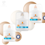 Kolekcija La Roche-Posay Anthelios UVAIR dnevnih SPF 50+ seruma, prikazuje sve tri verzije – Netonirani, Light Natural i Medium Natural, ultra lagana zaštita poput zraka za sve tipove kože.
