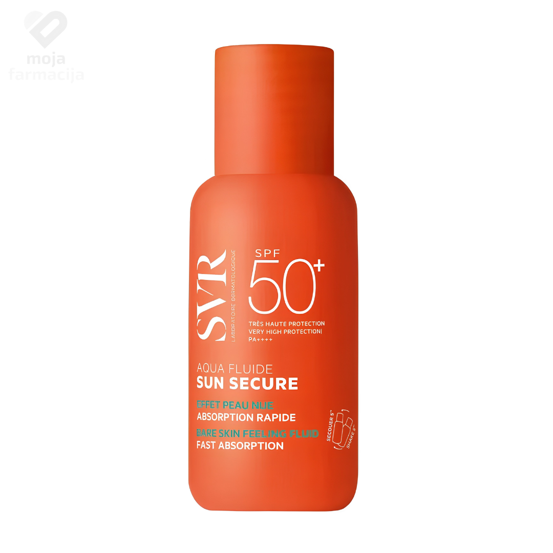 SVR Sun Secure Aqua Fluide SPF 50+ u bočici od 50ml, izuzetno lagani i nevidljivi vodeni fluid za zaštitu osjetljive kože lica.