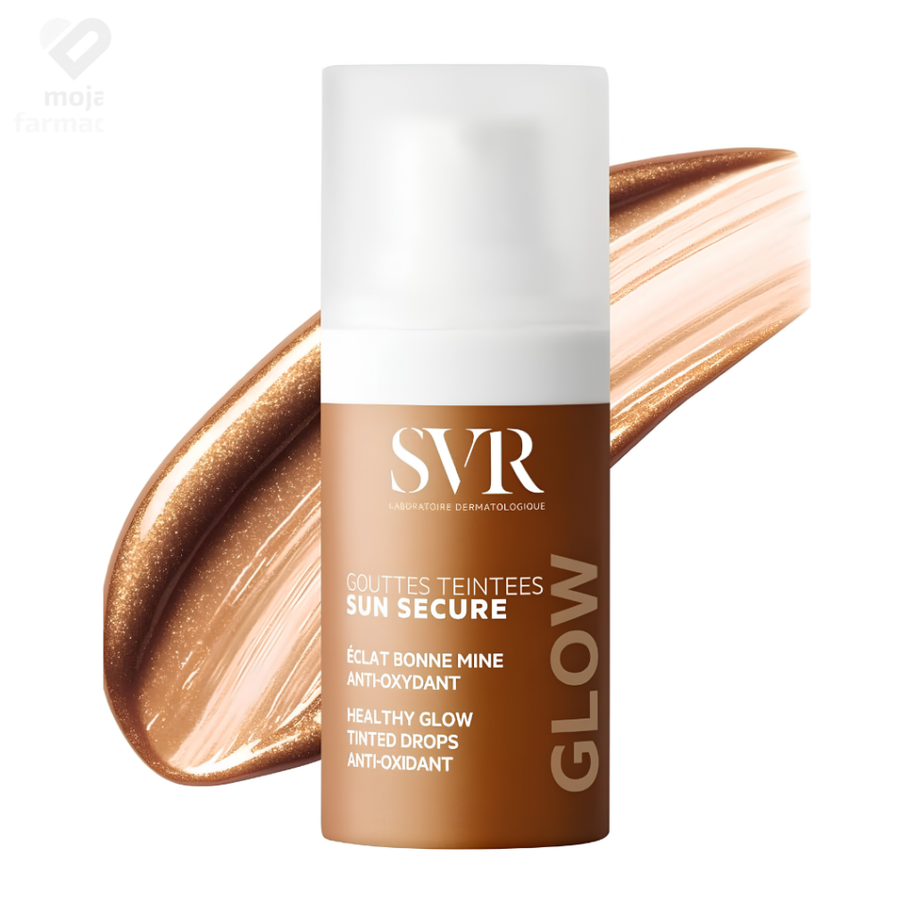 SVR Sun Secure Glow obojene kapi u bočici od 15ml, koncentrat s prirodnim zlatnim biserima za trenutačni brončani ten i sjaj lica.