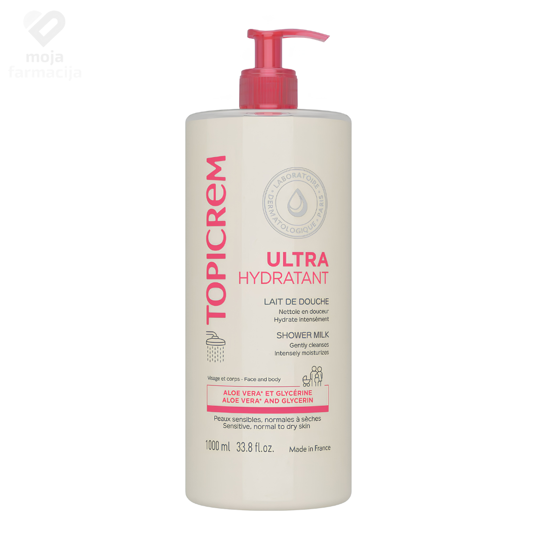 Topicrem Ultra-Moisturizing Shower Milk, ultra-hidratantno porodično mlijeko za tuširanje u pakovanju od 1 litra.