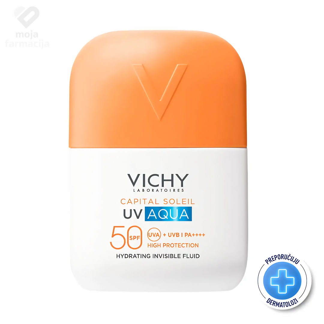 Vichy Capital Soleil UV Aqua nevidljivi hidracijski fluid SPF 50, lagana vodenasta tekstura, bez bijelih tragova i masnog sjaja.