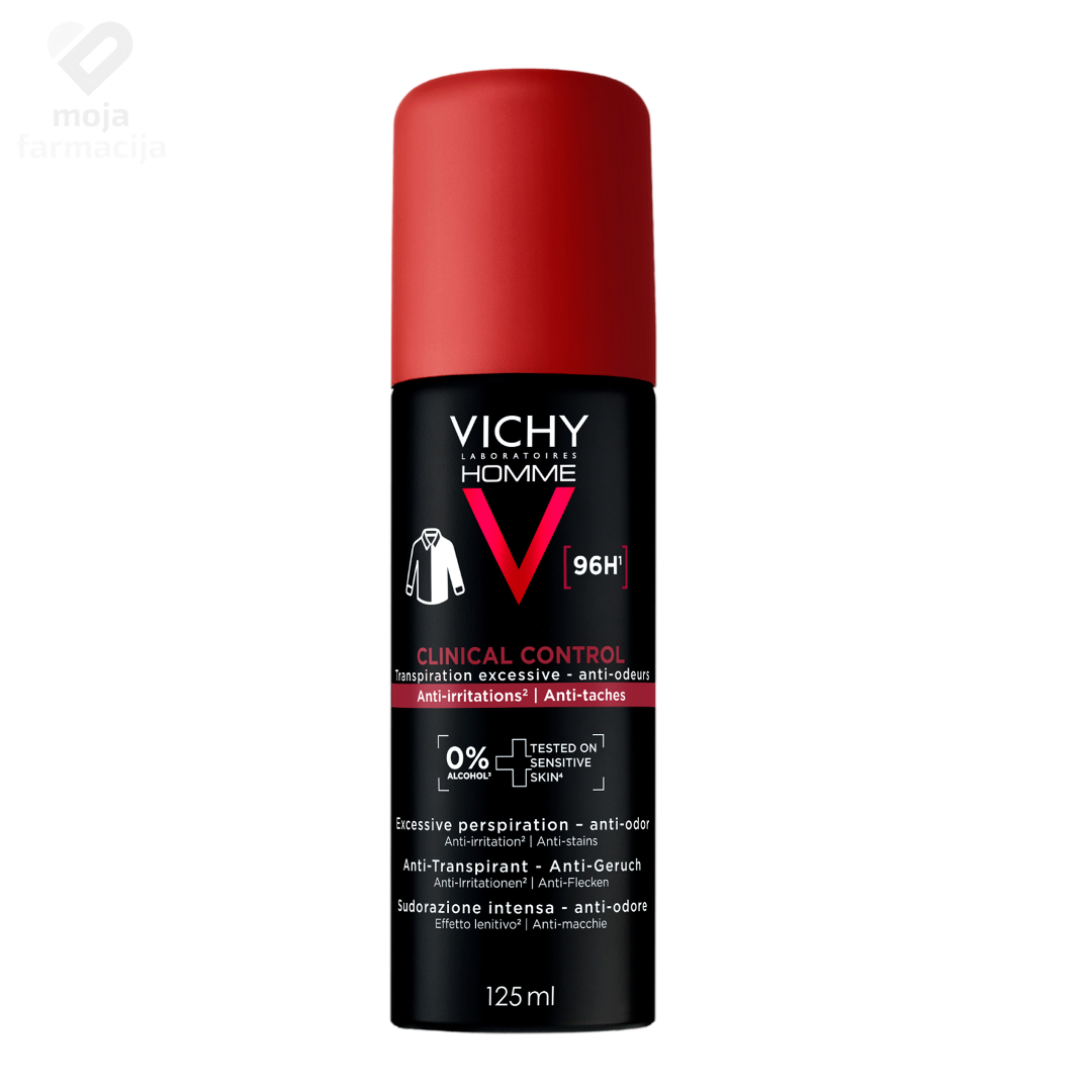 Vichy Homme Clinical Control 96H antiperspirant sprej za muškarce, ekstremna zaštita od znojenja, crno-crveno pakovanje, suhi dodir na koži. Vichy Homme Clinical Control 96H antiperspirant sprej za muškarce, ekstremna zaštita od znojenja, crno-crveno pakovanje, suhi dodir na koži.