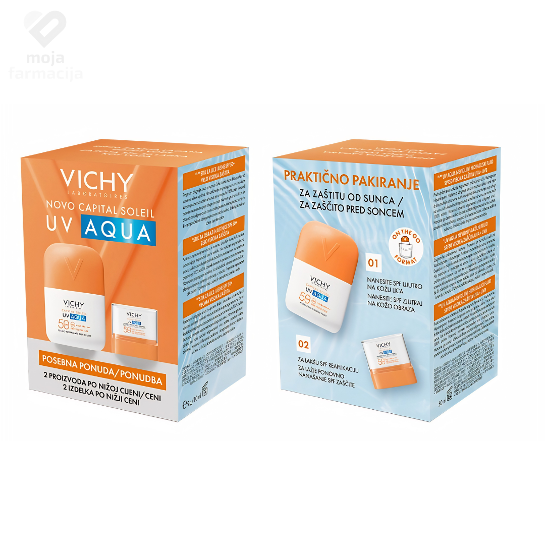 Vichy Promo set UV Aqua Nevidljivi hidracijski fluid za lice i stik za usne SPF 50+, idealna zaštita za sport i sunčanje.