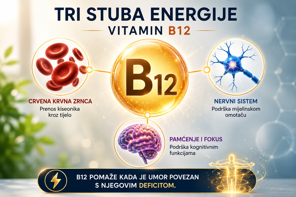 Infografika koja prikazuje tri glavne funkcije vitamina B12: podršku crvenim krvnim zrncima, nervnom sistemu te pamćenju i fokusu.